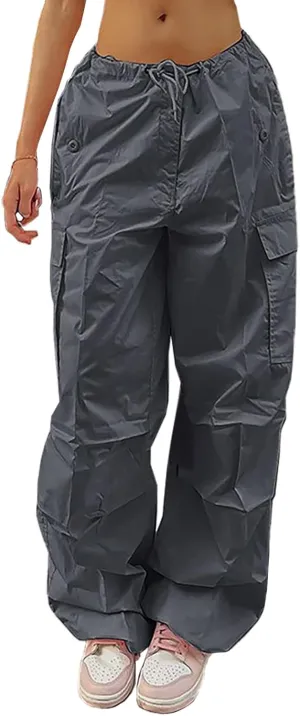 Parachute Pants for Women Elastic Waistline Drawstring Cargo Pants with Pockets Casual Hiking Pants