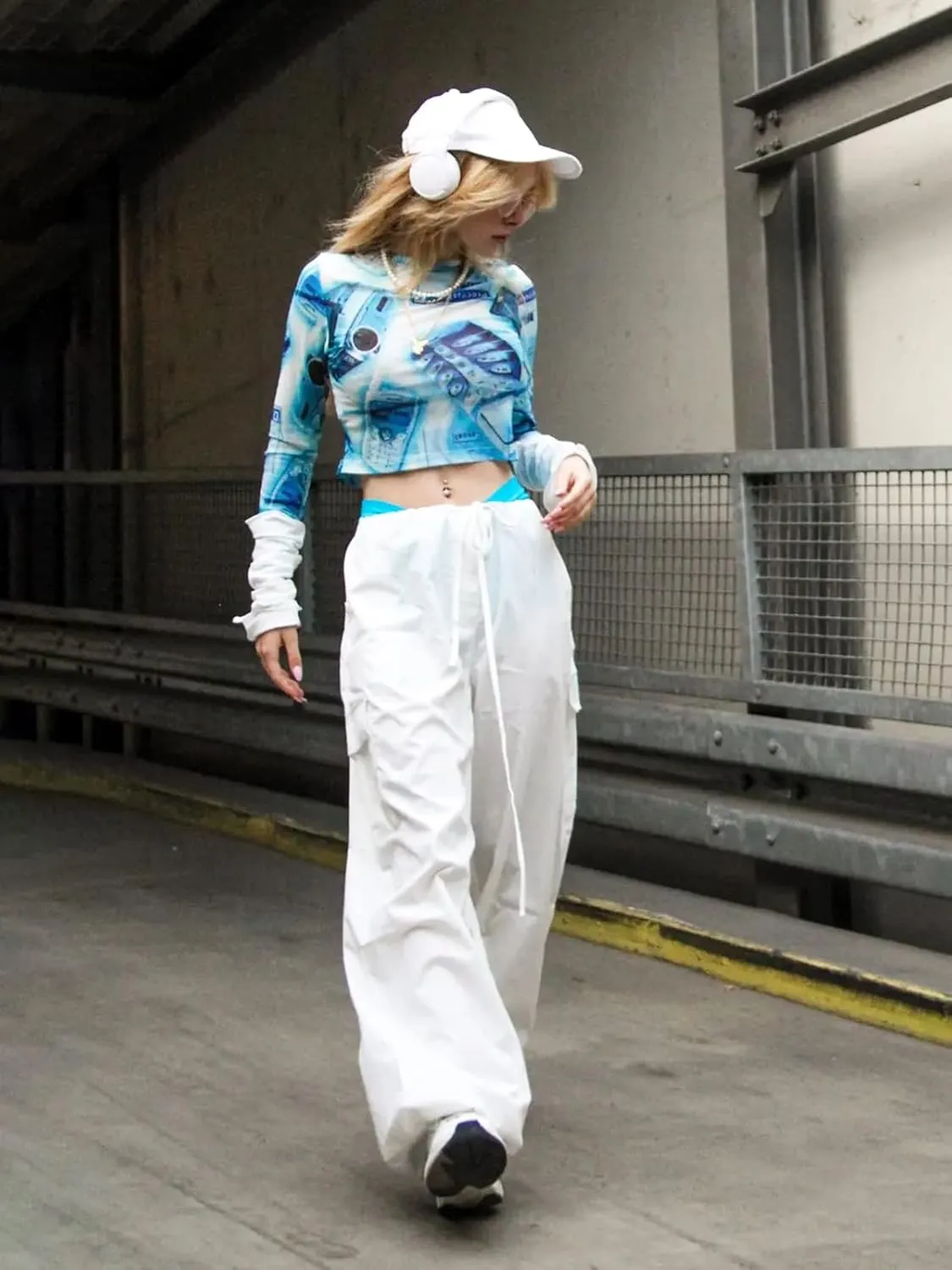 Parachute Pants for Women Elastic Waistline Drawstring Cargo Pants with Pockets Casual Hiking Pants