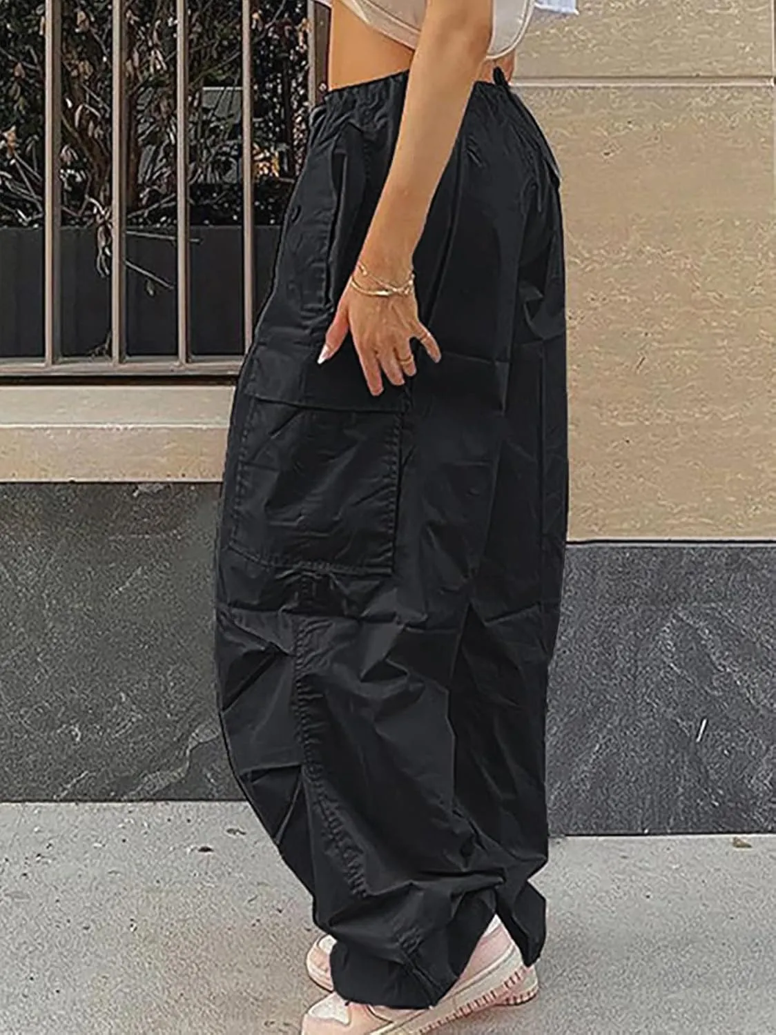 Parachute Pants for Women Elastic Waistline Drawstring Cargo Pants with Pockets Casual Hiking Pants