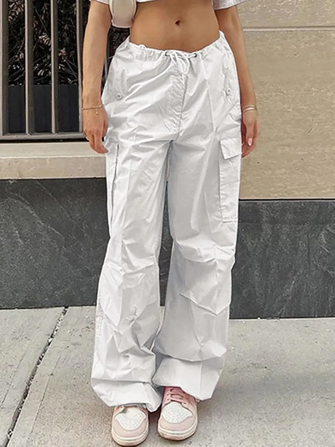 Parachute Pants for Women Elastic Waistline Drawstring Cargo Pants with Pockets Casual Hiking Pants