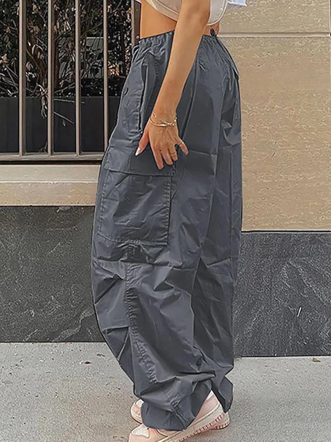 Parachute Pants for Women Elastic Waistline Drawstring Cargo Pants with Pockets Casual Hiking Pants