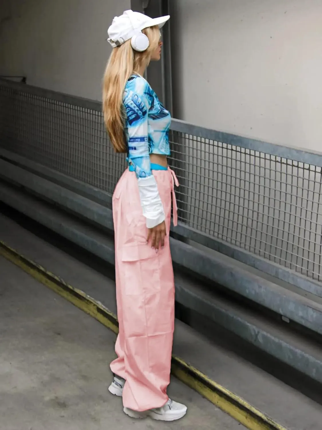 Parachute Pants for Women Elastic Waistline Drawstring Cargo Pants with Pockets Casual Hiking Pants