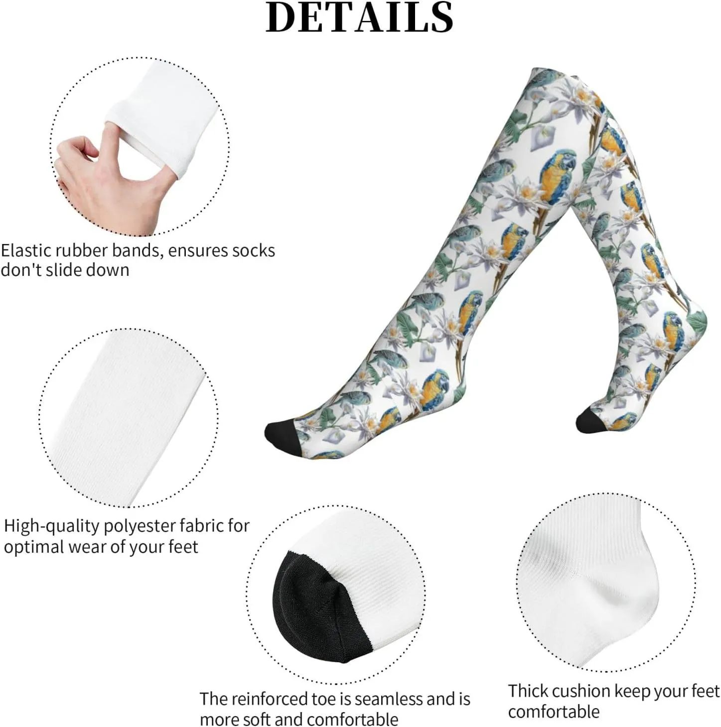 Parrots on Branches Print Circulation Compression Socks For Plantar Fasciitis Edema And Post Surgery