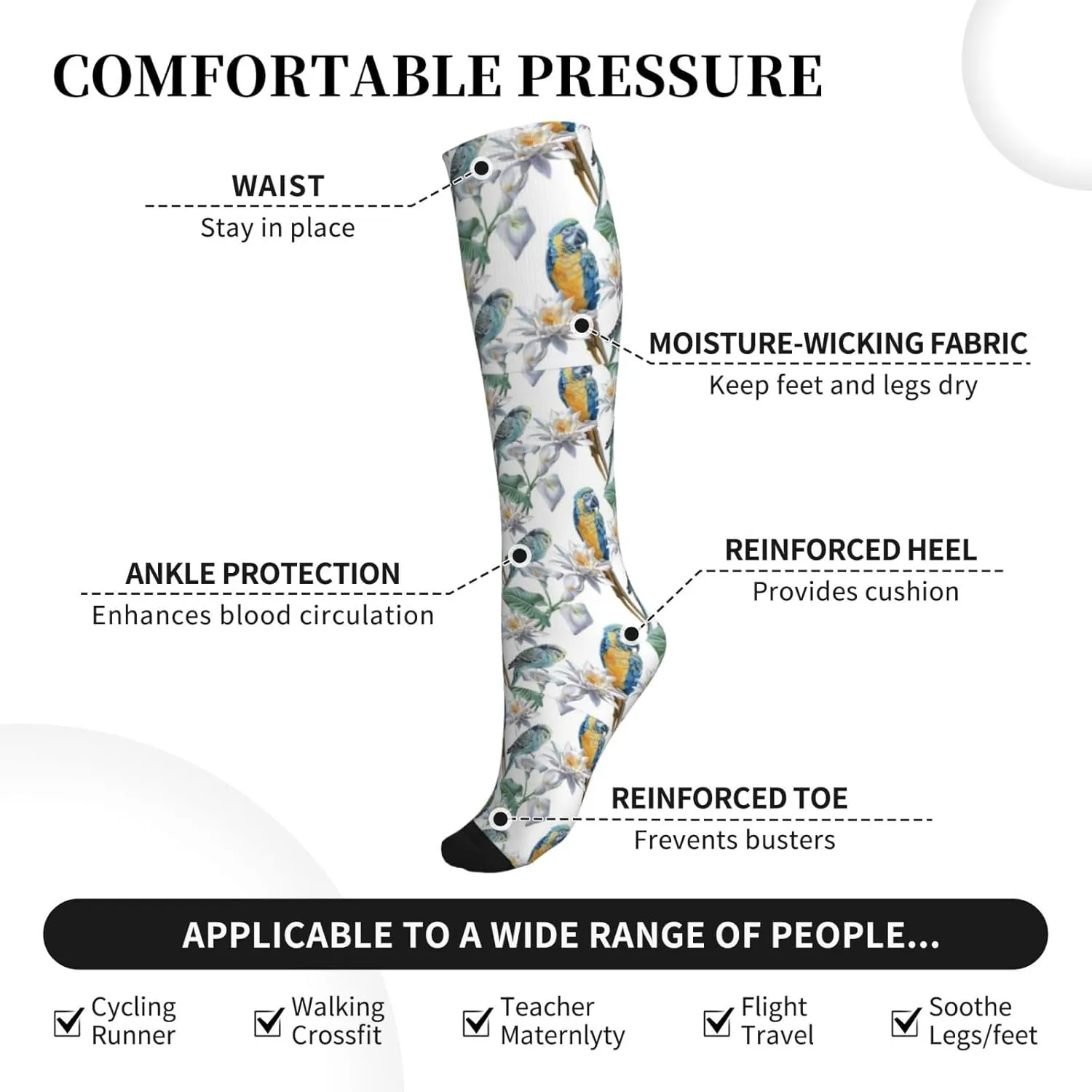 Parrots on Branches Print Circulation Compression Socks For Plantar Fasciitis Edema And Post Surgery