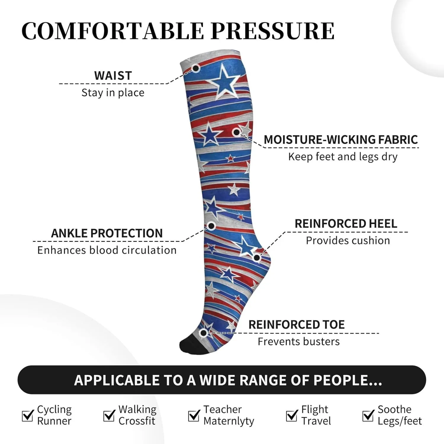 Patriotic Stars Strips Independence Day Print Circulation Compression Socks For Plantar Fasciitis Edema And Post Surgery