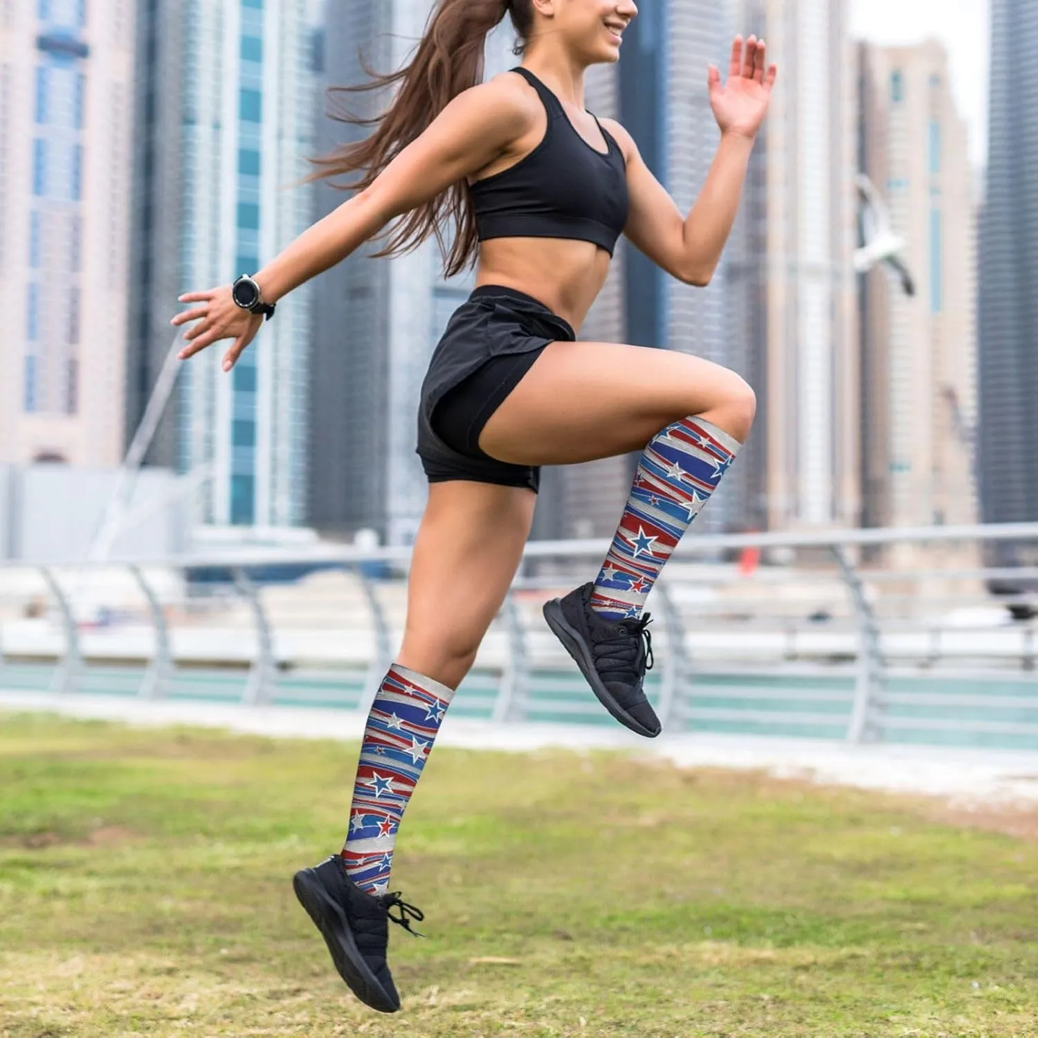 Patriotic Stars Strips Independence Day Print Circulation Compression Socks For Plantar Fasciitis Edema And Post Surgery