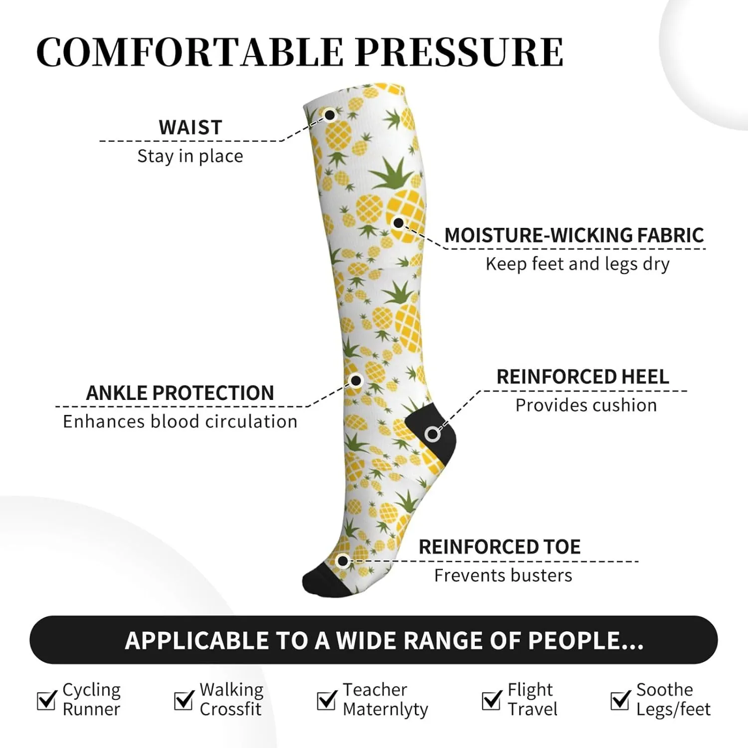 Pineapple. Print Circulation Compression Socks For Plantar Fasciitis Edema And Post Surgery