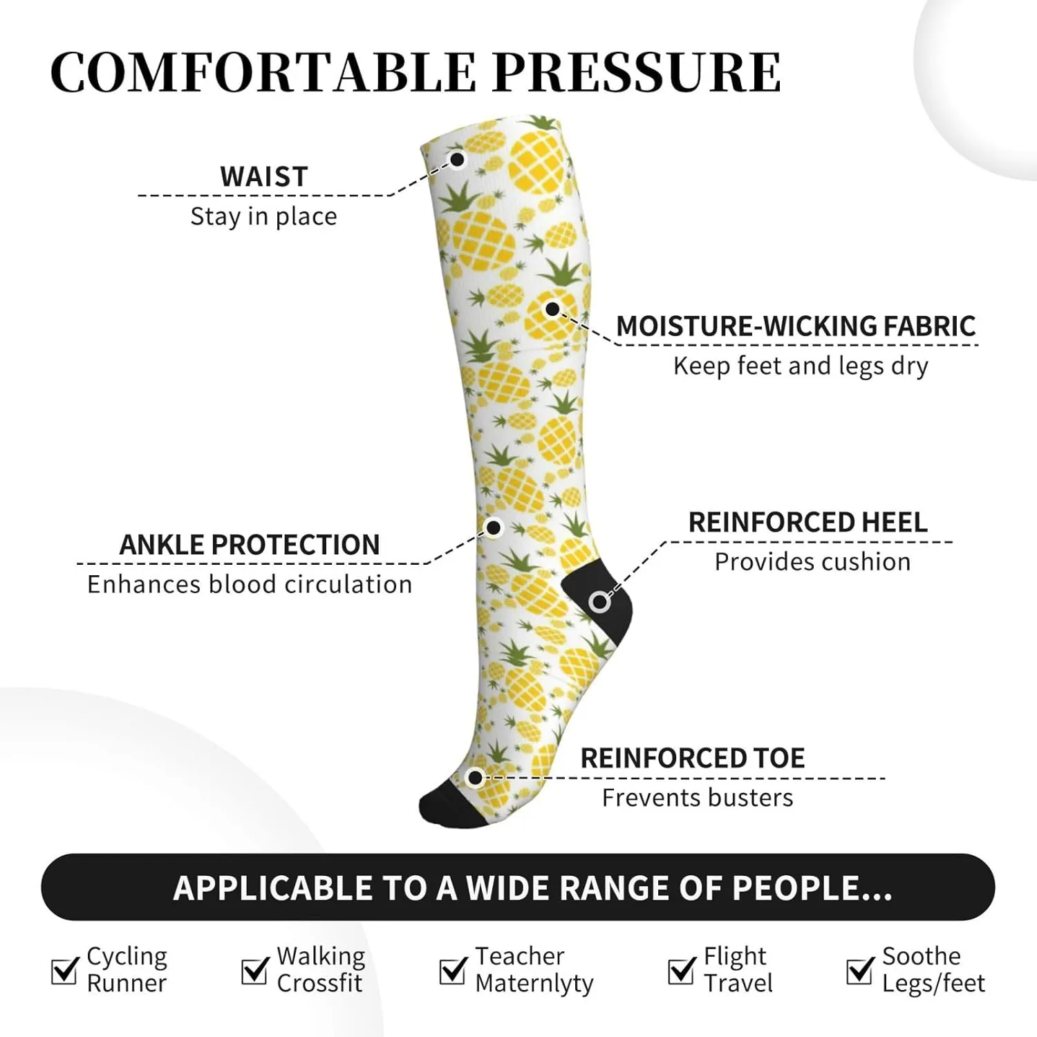 Pineapple.. Print Circulation Compression Socks For Plantar Fasciitis Edema And Post Surgery