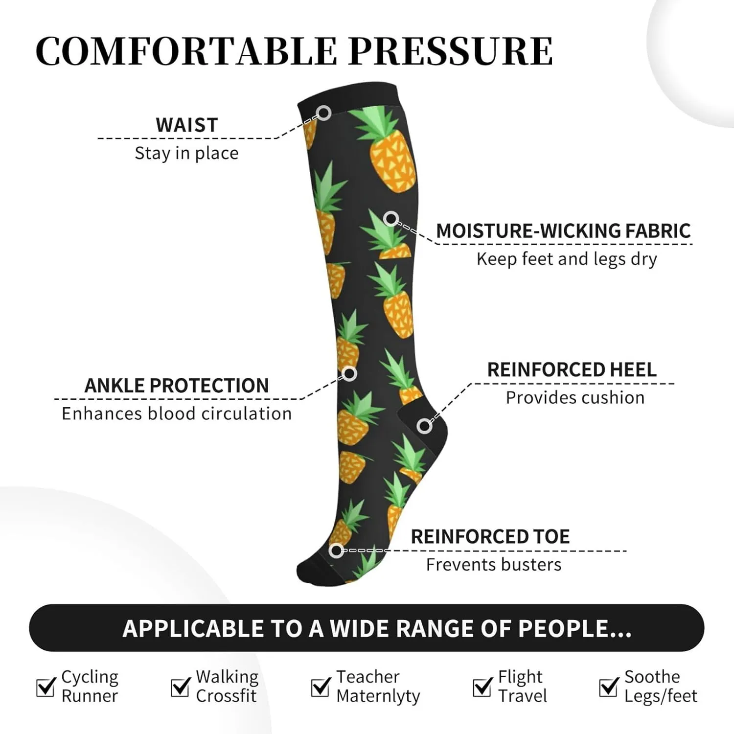 Pineapple Print Circulation Compression Socks For Plantar Fasciitis Edema And Post Surgery