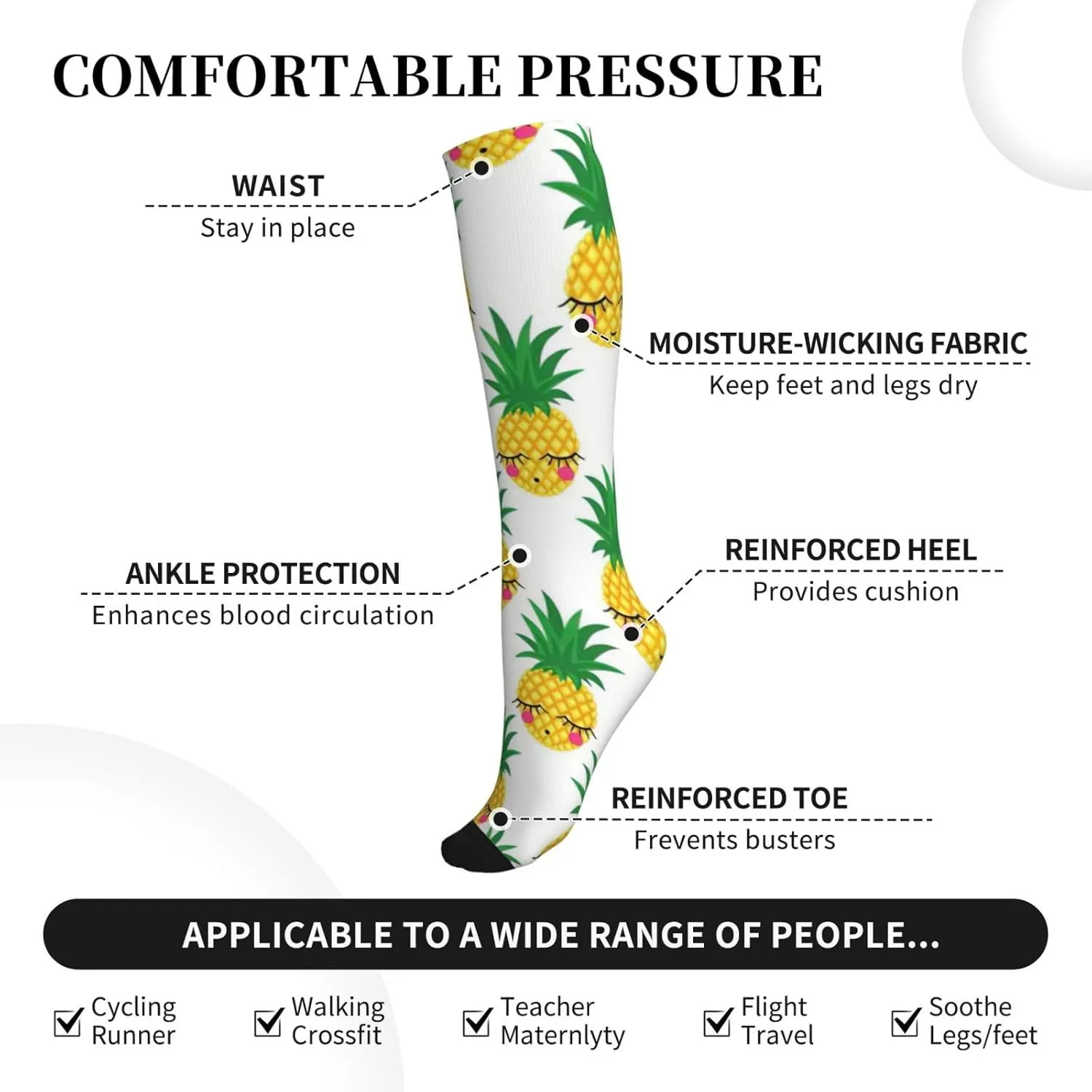 Pineapple1 Print Circulation Compression Socks For Plantar Fasciitis Edema And Post Surgery