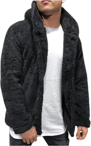 Plush Fleece Sherpa Jackets for Mens Fluffy Fuzzy Warm Hooded Coat Long Sleeve Button Down Fashion Fall Winter Tops