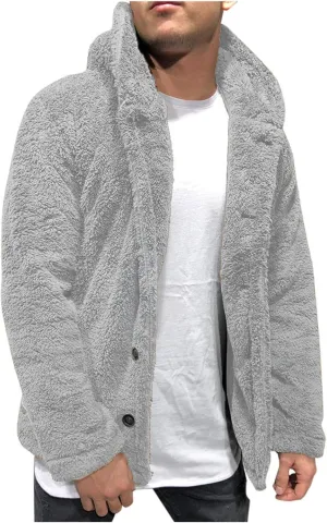 Plush Fleece Sherpa Jackets for Mens Fluffy Fuzzy Warm Hooded Coat Long Sleeve Button Down Fashion Fall Winter Tops