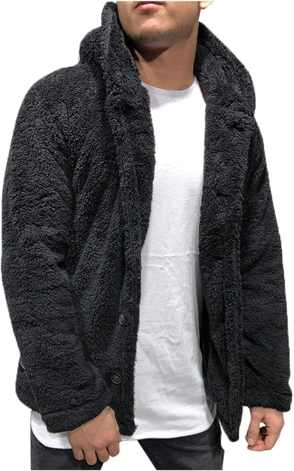 Plush Fleece Sherpa Jackets for Mens Fluffy Fuzzy Warm Hooded Coat Long Sleeve Button Down Fashion Fall Winter Tops