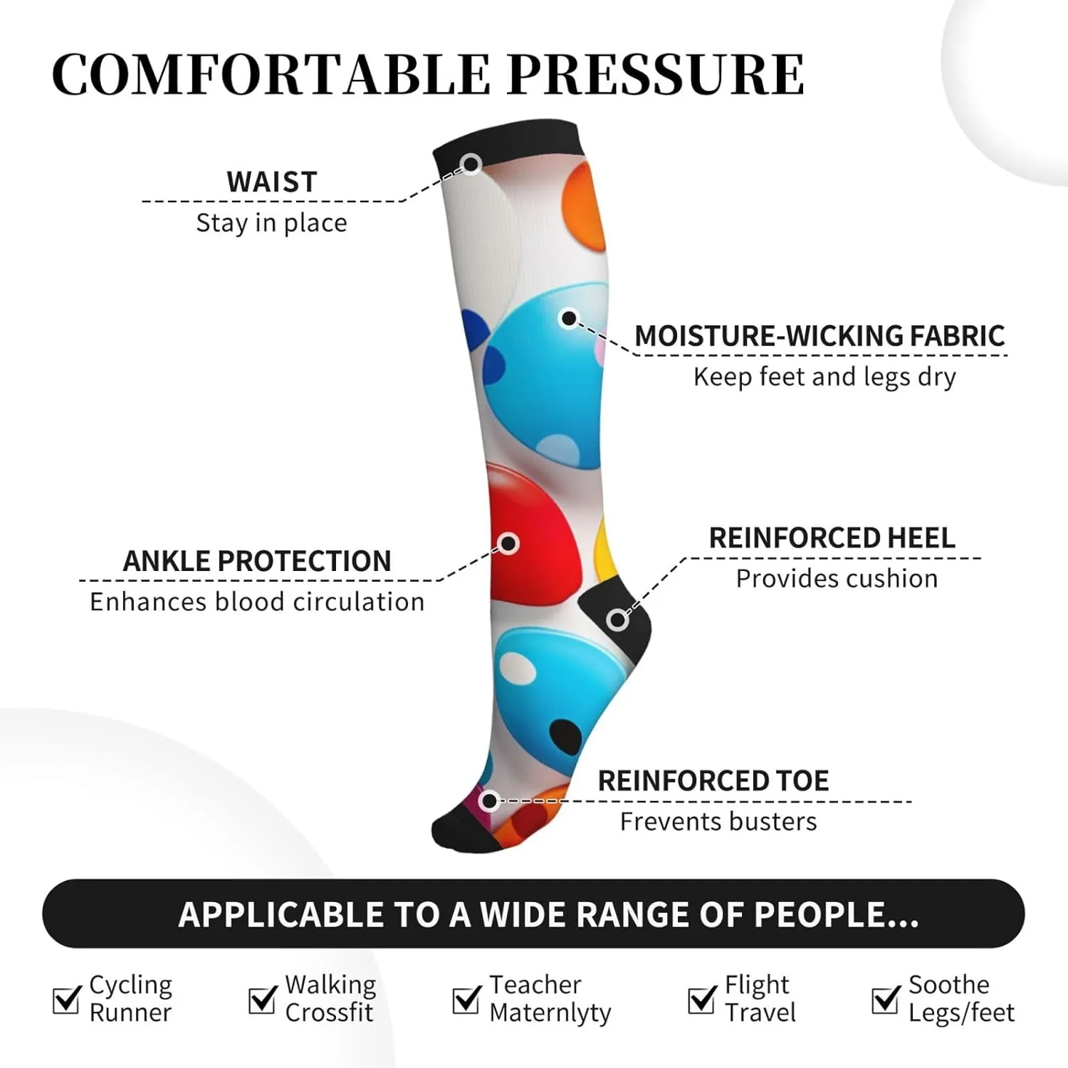 Polka Dot Print Circulation Compression Socks For Plantar Fasciitis Edema And Post Surgery
