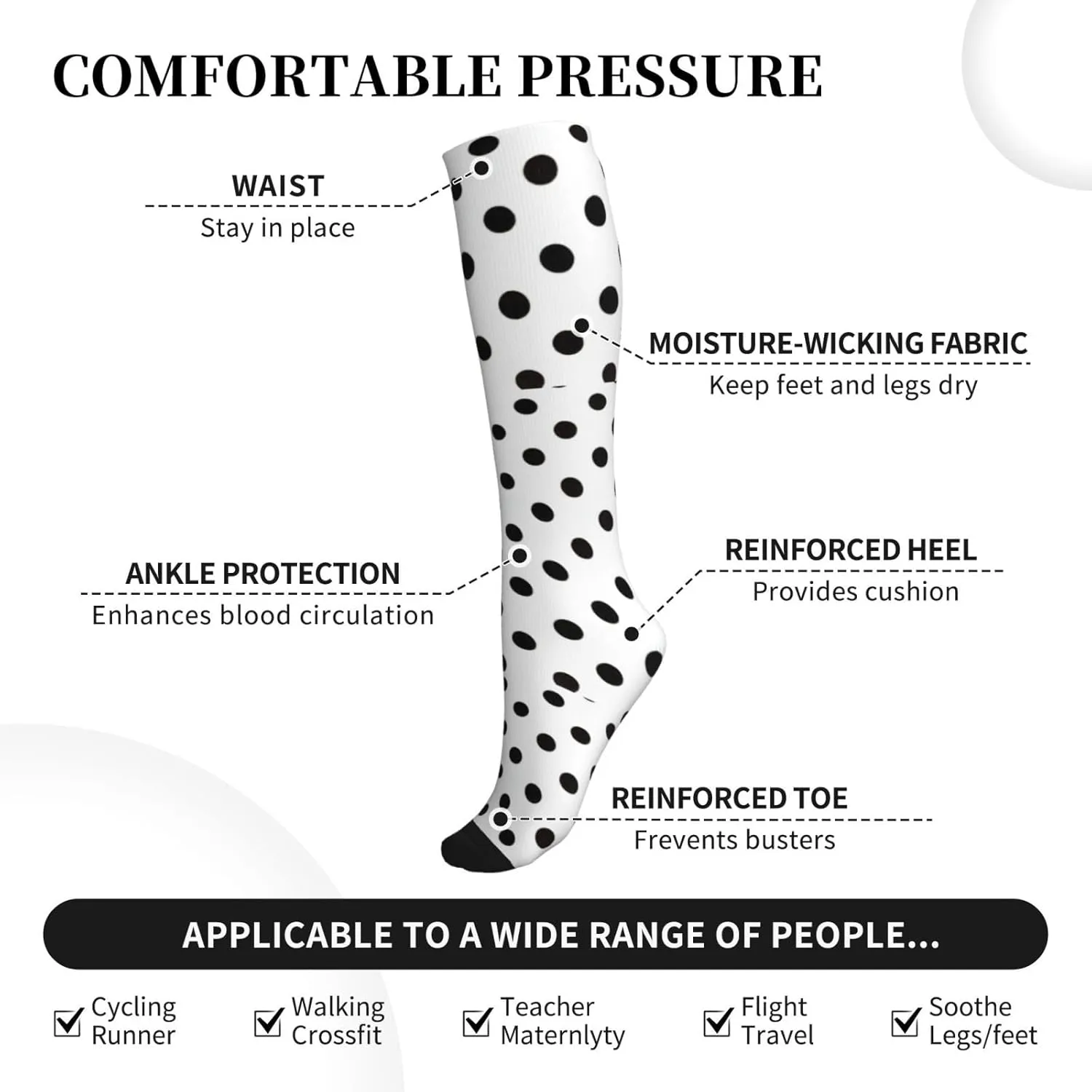 polka dot Print Circulation Compression Socks For Plantar Fasciitis Edema And Post Surgery