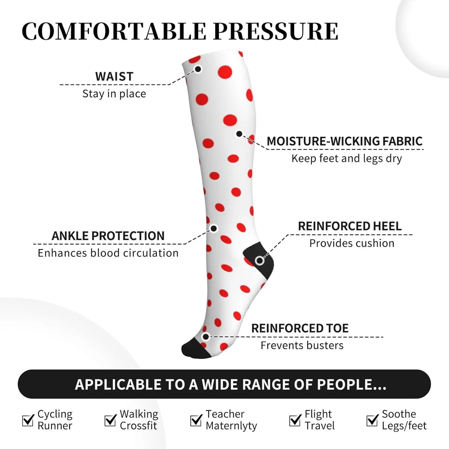 Polka Dot. Print Circulation Compression Socks For Plantar Fasciitis Edema And Post Surgery