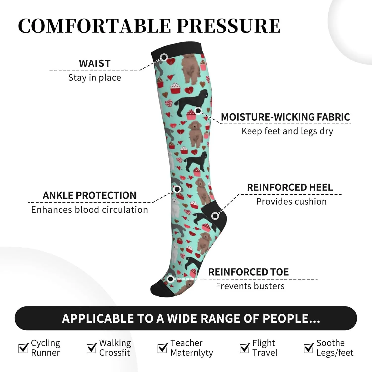 Poodles Dogs Print Circulation Compression Socks For Plantar Fasciitis Edema And Post Surgery