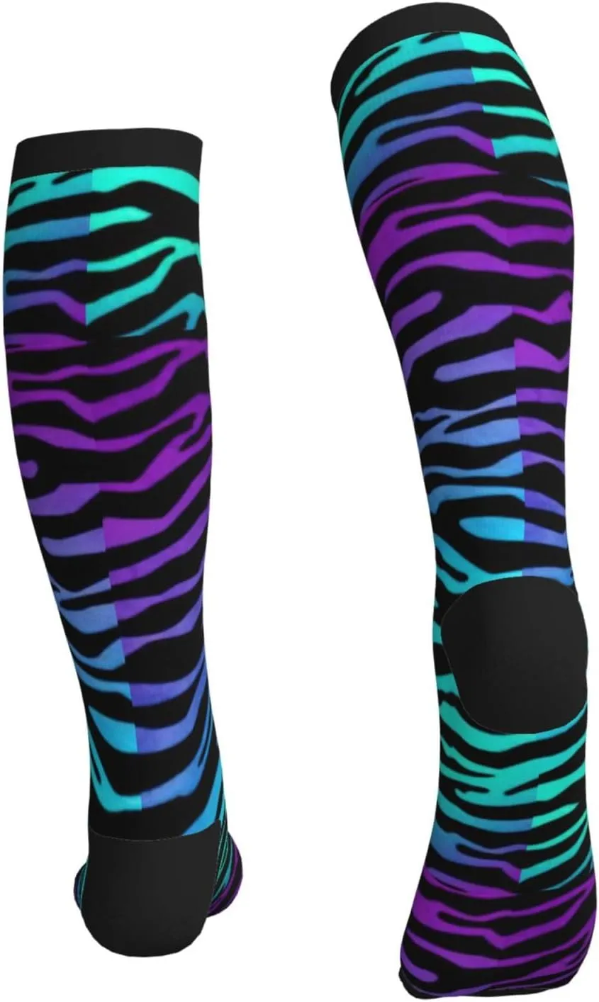 Purple Blue Green Camouflage Zebra Stripes Print Circulation Compression Socks For Plantar Fasciitis Edema And Post Surgery