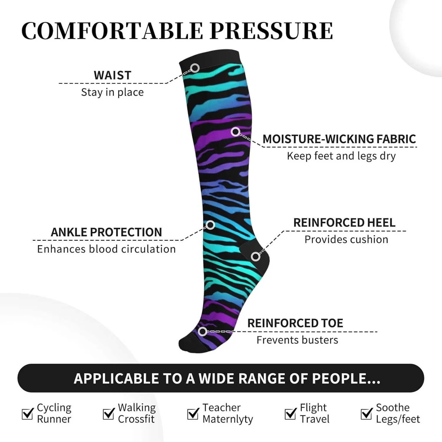 Purple Blue Green Camouflage Zebra Stripes Print Circulation Compression Socks For Plantar Fasciitis Edema And Post Surgery