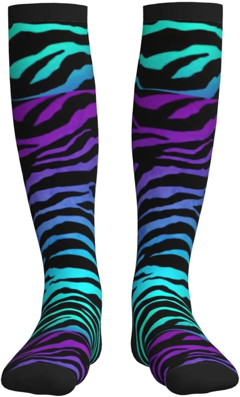 Purple Blue Green Camouflage Zebra Stripes Print Circulation Compression Socks For Plantar Fasciitis Edema And Post Surgery