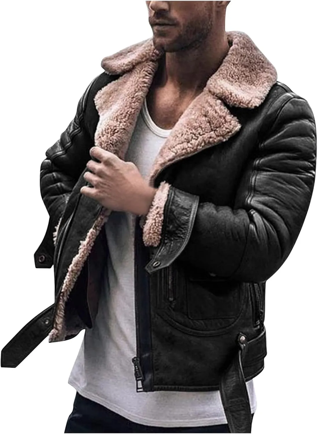 QWENTMTNTY Mens Faux Leather Bomber Jacket Winter Sherpa Fleece Motorcycle Jackets Zipper Warm Lined Shearling Coat Outwear