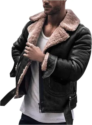 QWENTMTNTY Mens Faux Leather Bomber Jacket Winter Sherpa Fleece Motorcycle Jackets Zipper Warm Lined Shearling Coat Outwear