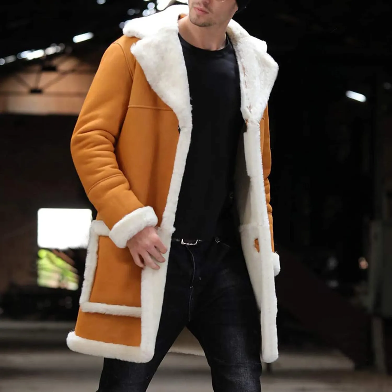 QWENTMTNTY Men's Faux Leather Winter Coats Suede Mid-Length Heavyweight Shearling Coat Big and Tall Thermal Sherpa Jacket