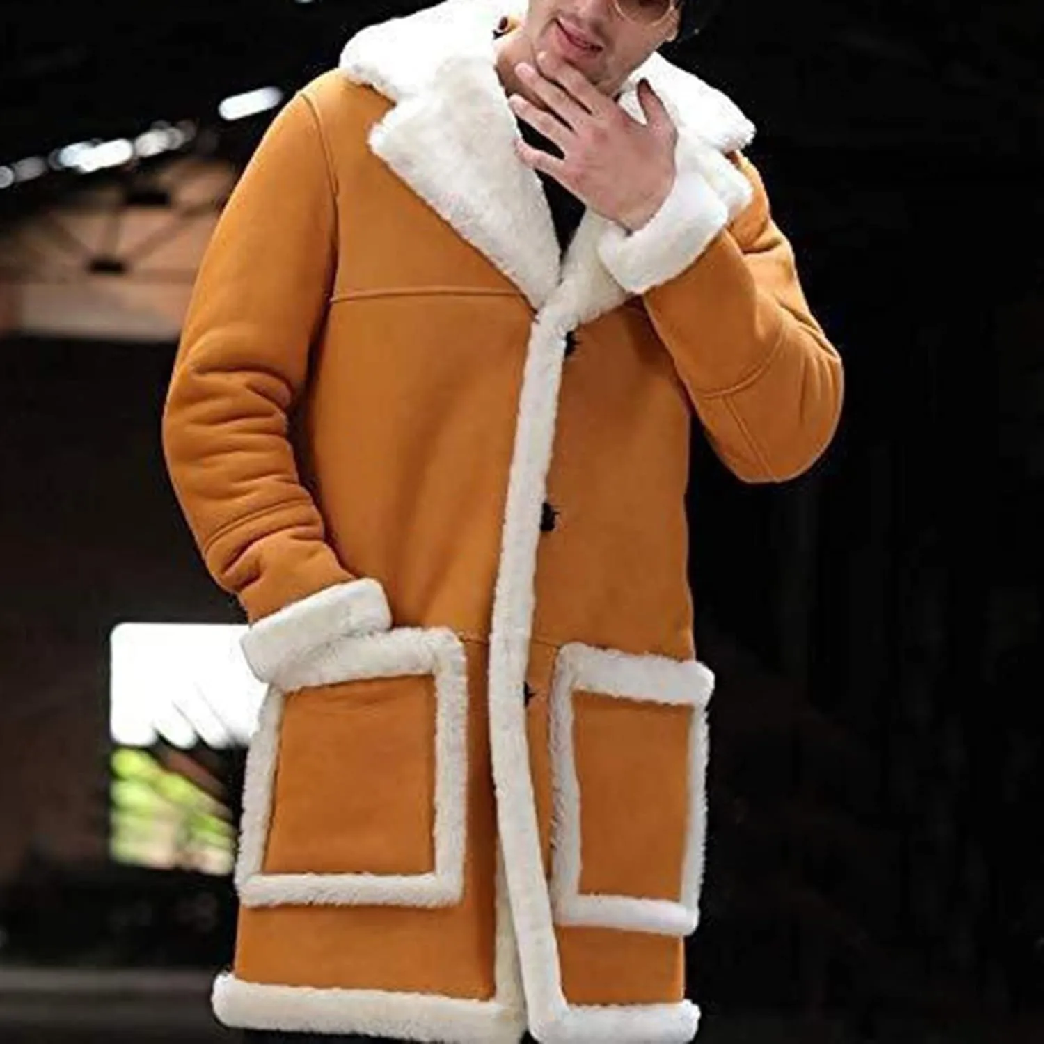 QWENTMTNTY Men's Faux Leather Winter Coats Suede Mid-Length Heavyweight Shearling Coat Big and Tall Thermal Sherpa Jacket