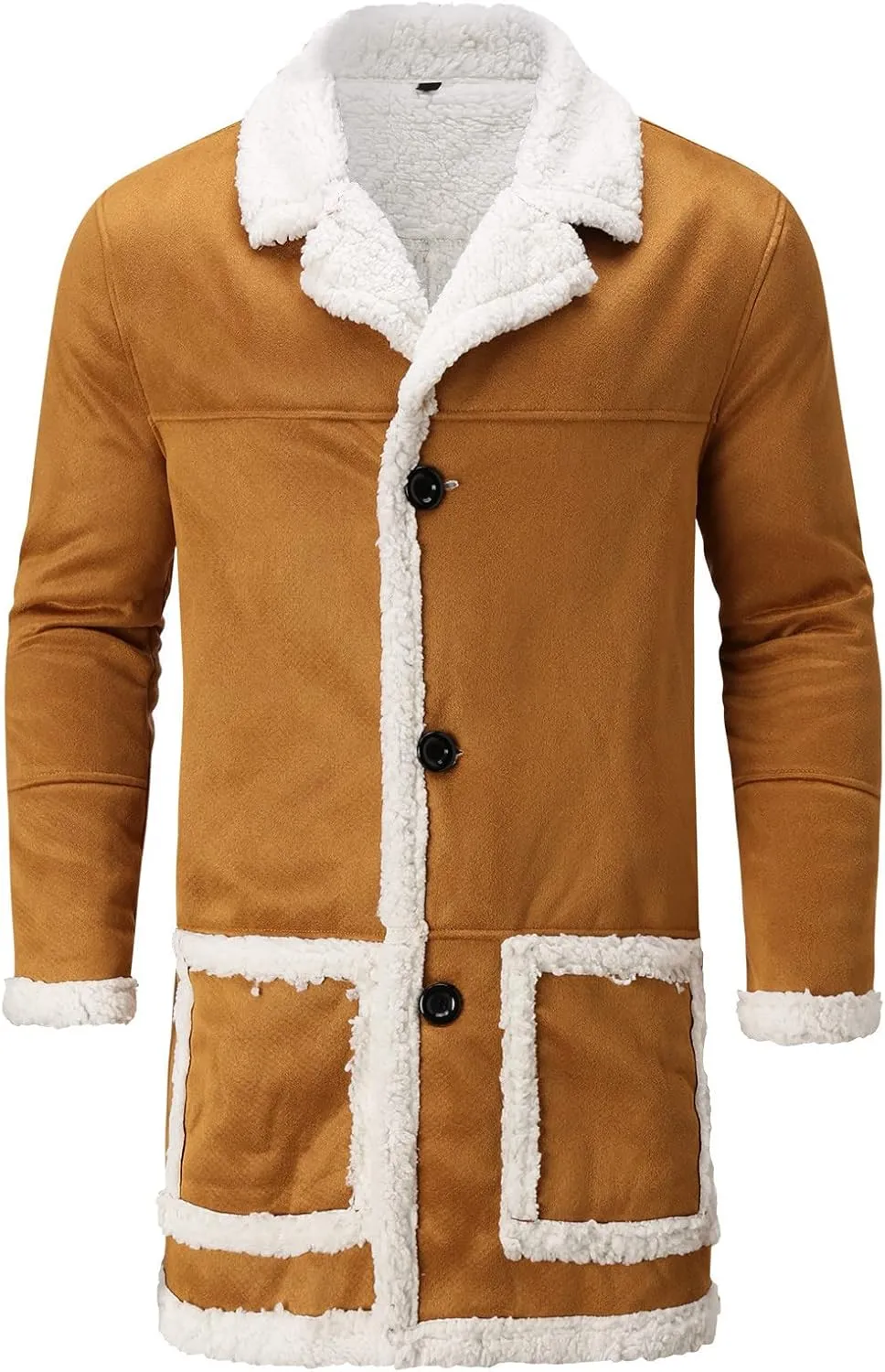 QWENTMTNTY Men's Faux Leather Winter Coats Suede Mid-Length Heavyweight Shearling Coat Big and Tall Thermal Sherpa Jacket