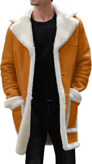 QWENTMTNTY Men's Faux Leather Winter Coats Suede Mid-Length Heavyweight Shearling Coat Big and Tall Thermal Sherpa Jacket