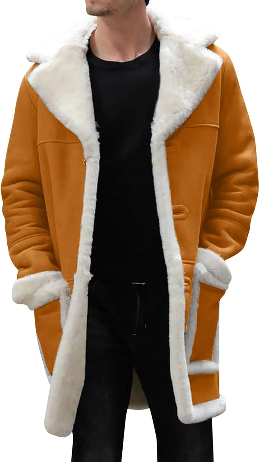 QWENTMTNTY Men's Faux Leather Winter Coats Suede Mid-Length Heavyweight Shearling Coat Big and Tall Thermal Sherpa Jacket
