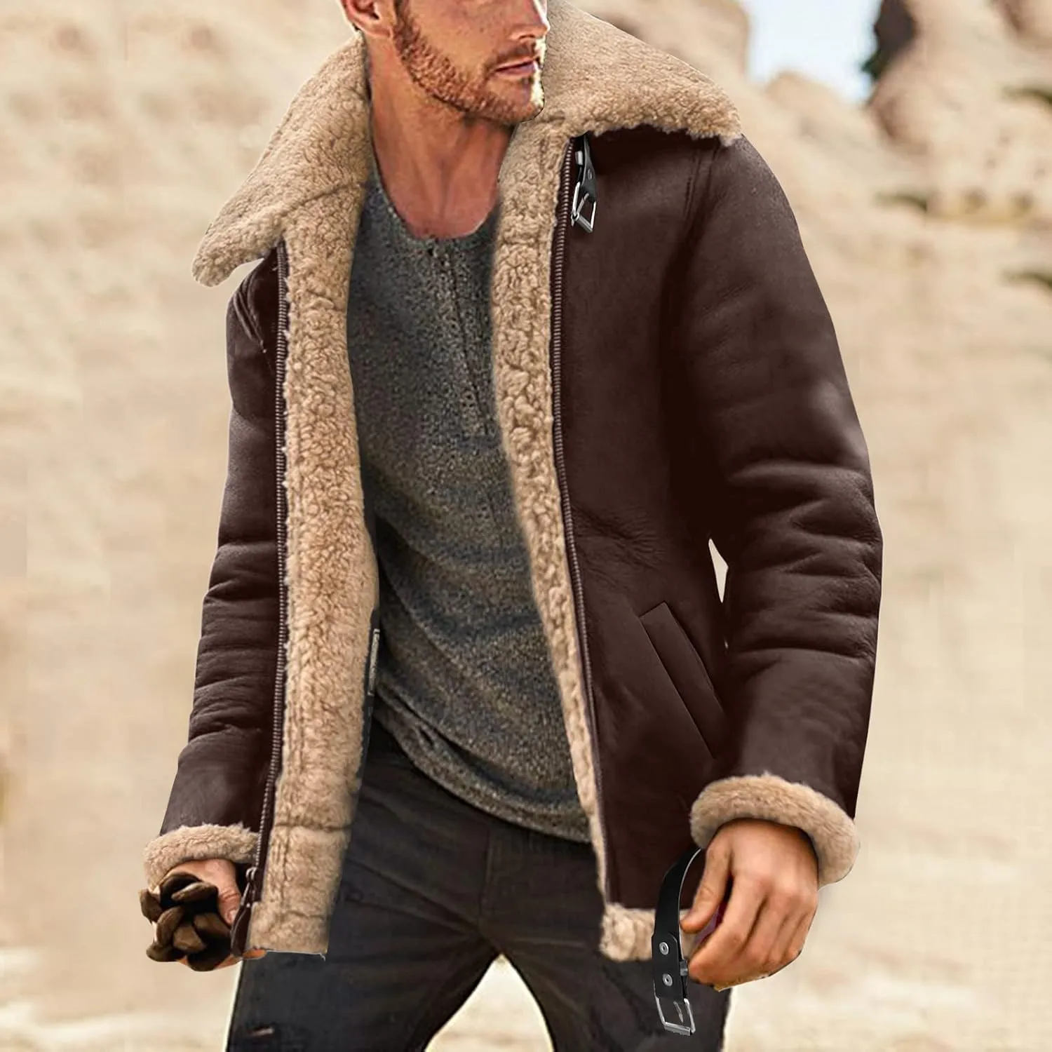 QWENTMTNTY Mens Faux Sheepskin Leather Jacket Winter Thickened Shearling Bomber Jackets Fur Collar Casual Sherpa Winter Coat