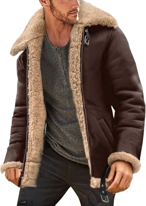QWENTMTNTY Mens Faux Sheepskin Leather Jacket Winter Thickened Shearling Bomber Jackets Fur Collar Casual Sherpa Winter Coat