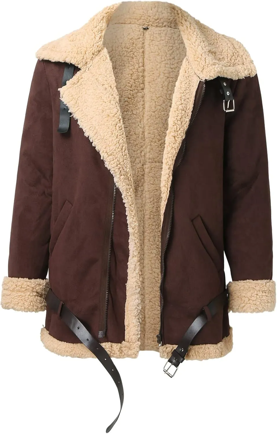 QWENTMTNTY Mens Faux Sheepskin Leather Jacket Winter Thickened Shearling Bomber Jackets Fur Collar Casual Sherpa Winter Coat