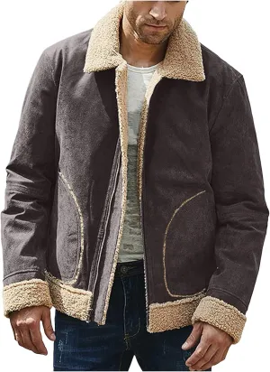 QWENTMTNTY Men's Sherpa Lined Faux Leather Jacket Vintage Heavyweight Shearing Winter Coats Plus Size Thicken Bomber Jacket