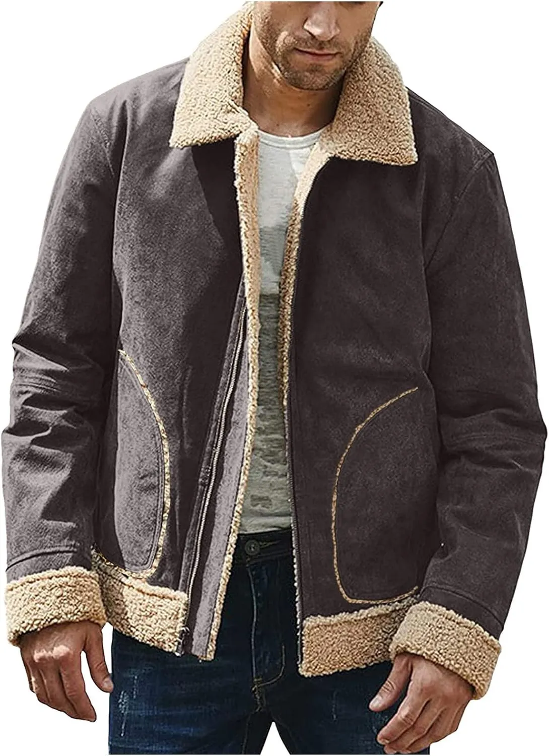 QWENTMTNTY Men's Sherpa Lined Faux Leather Jacket Vintage Heavyweight Shearing Winter Coats Plus Size Thicken Bomber Jacket