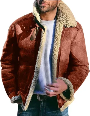 QWENTMTNTY Mens Vintage Heavyweight Faux Suede Sherpa Jacket Faux Shearing Coat Big and Tall Casual Stylish Winter Jackets