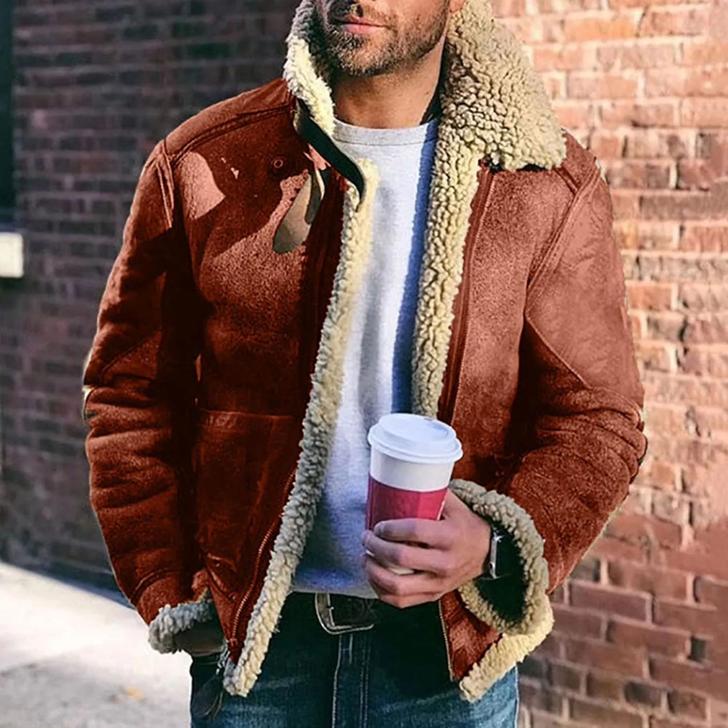 QWENTMTNTY Mens Vintage Heavyweight Faux Suede Sherpa Jacket Faux Shearing Coat Big and Tall Casual Stylish Winter Jackets