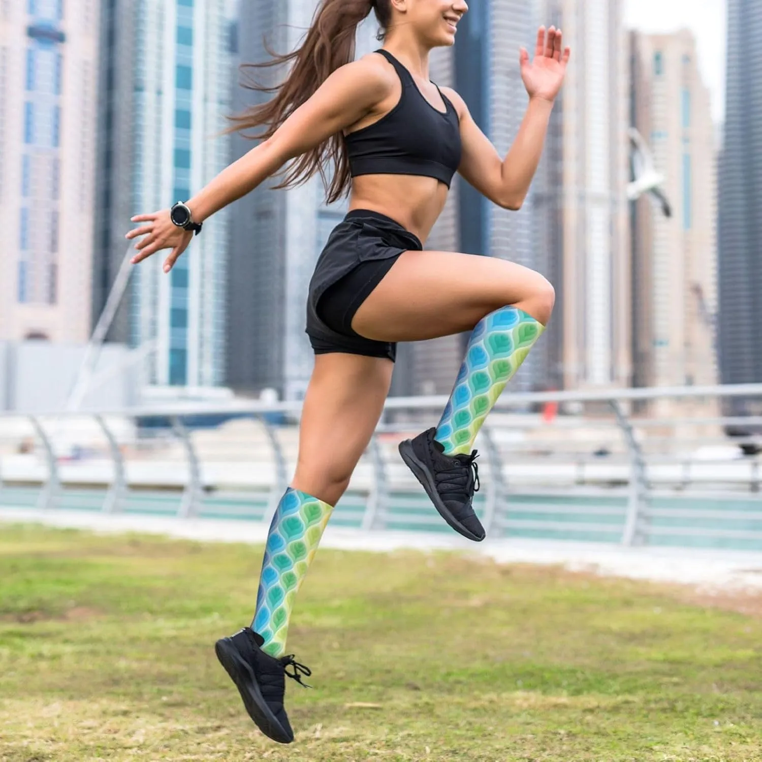 Rainbow Colors Gradient Leaf Print Circulation Compression Socks For Plantar Fasciitis Edema And Post Surgery