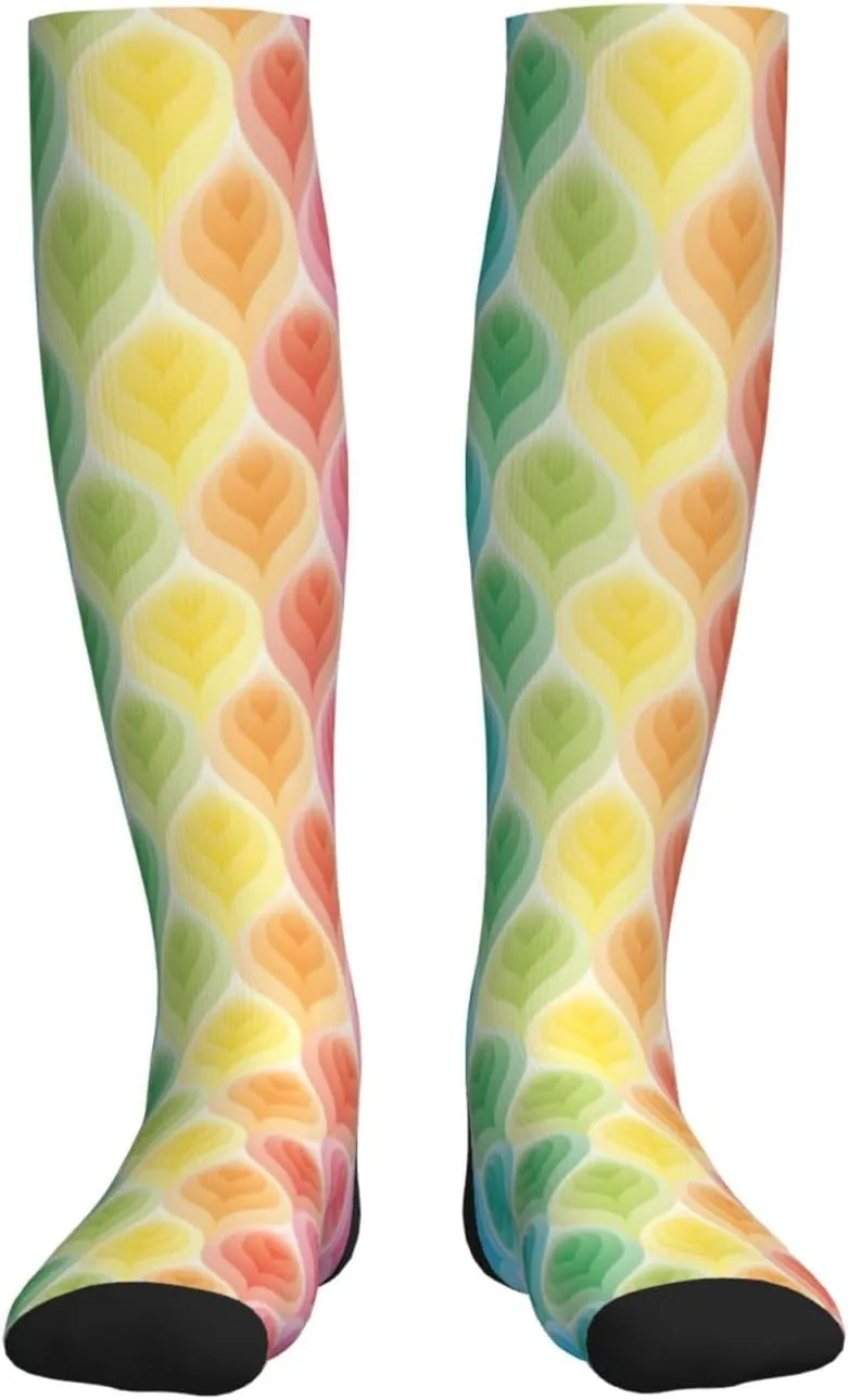 Rainbow Colors Gradient Leaf Print Circulation Compression Socks For Plantar Fasciitis Edema And Post Surgery