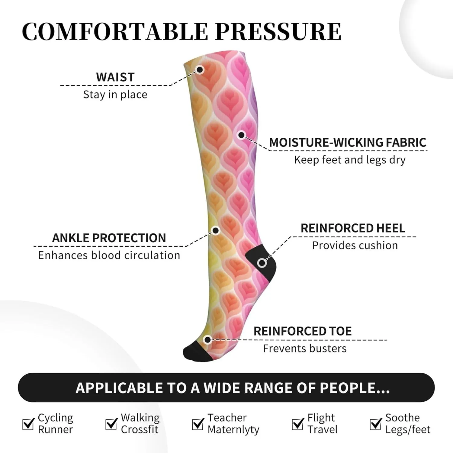 Rainbow Colors Gradient Leaf Print Circulation Compression Socks For Plantar Fasciitis Edema And Post Surgery