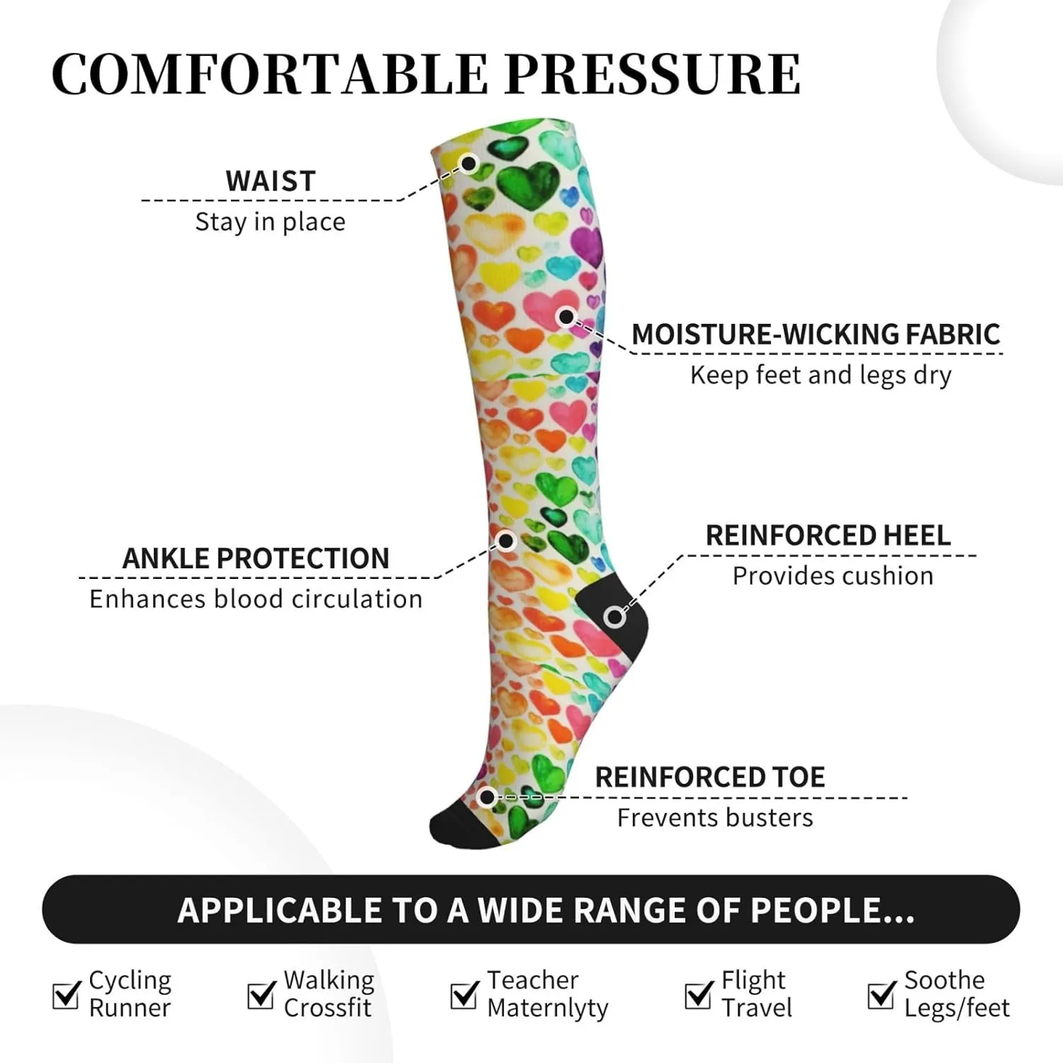 Rainbow Hearts Print Circulation Compression Socks For Plantar Fasciitis Edema And Post Surgery
