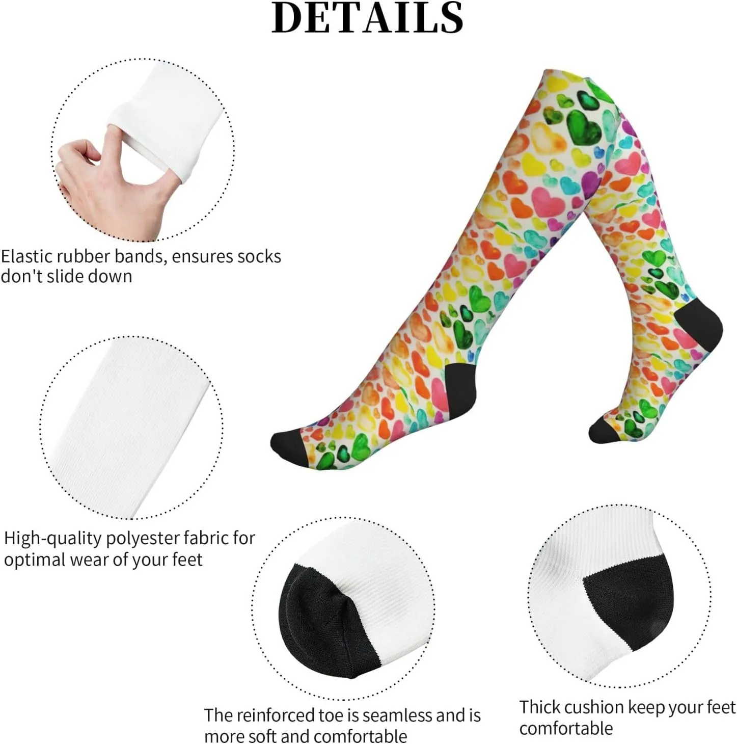 Rainbow Hearts Print Circulation Compression Socks For Plantar Fasciitis Edema And Post Surgery