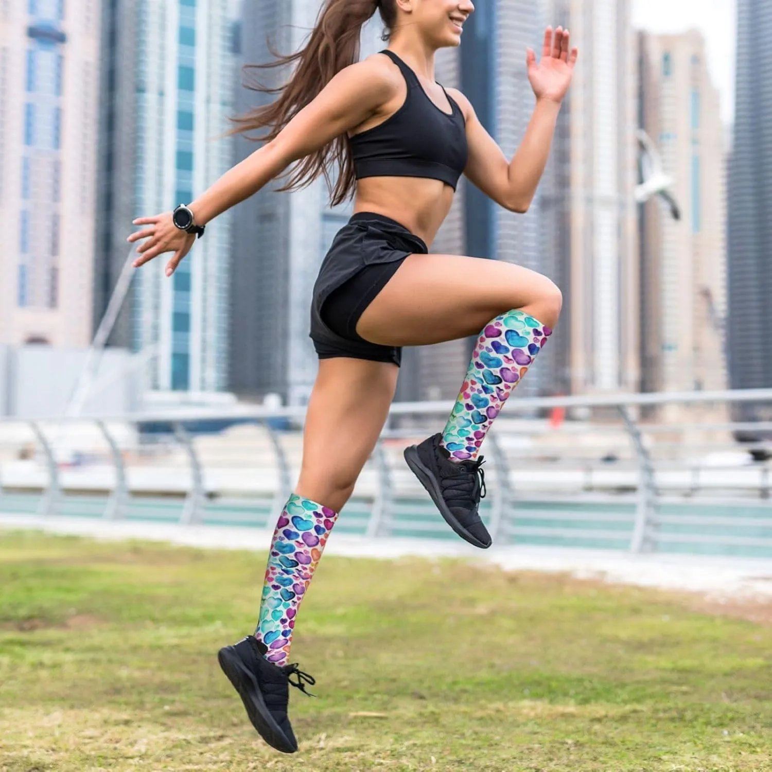 Rainbow Hearts Print Circulation Compression Socks For Plantar Fasciitis Edema And Post Surgery
