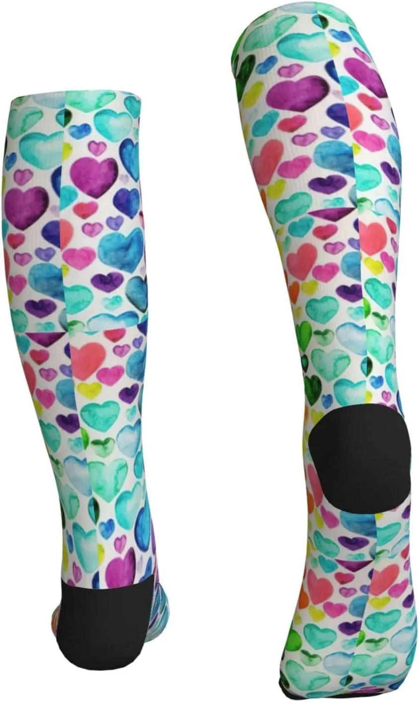 Rainbow Hearts Print Circulation Compression Socks For Plantar Fasciitis Edema And Post Surgery