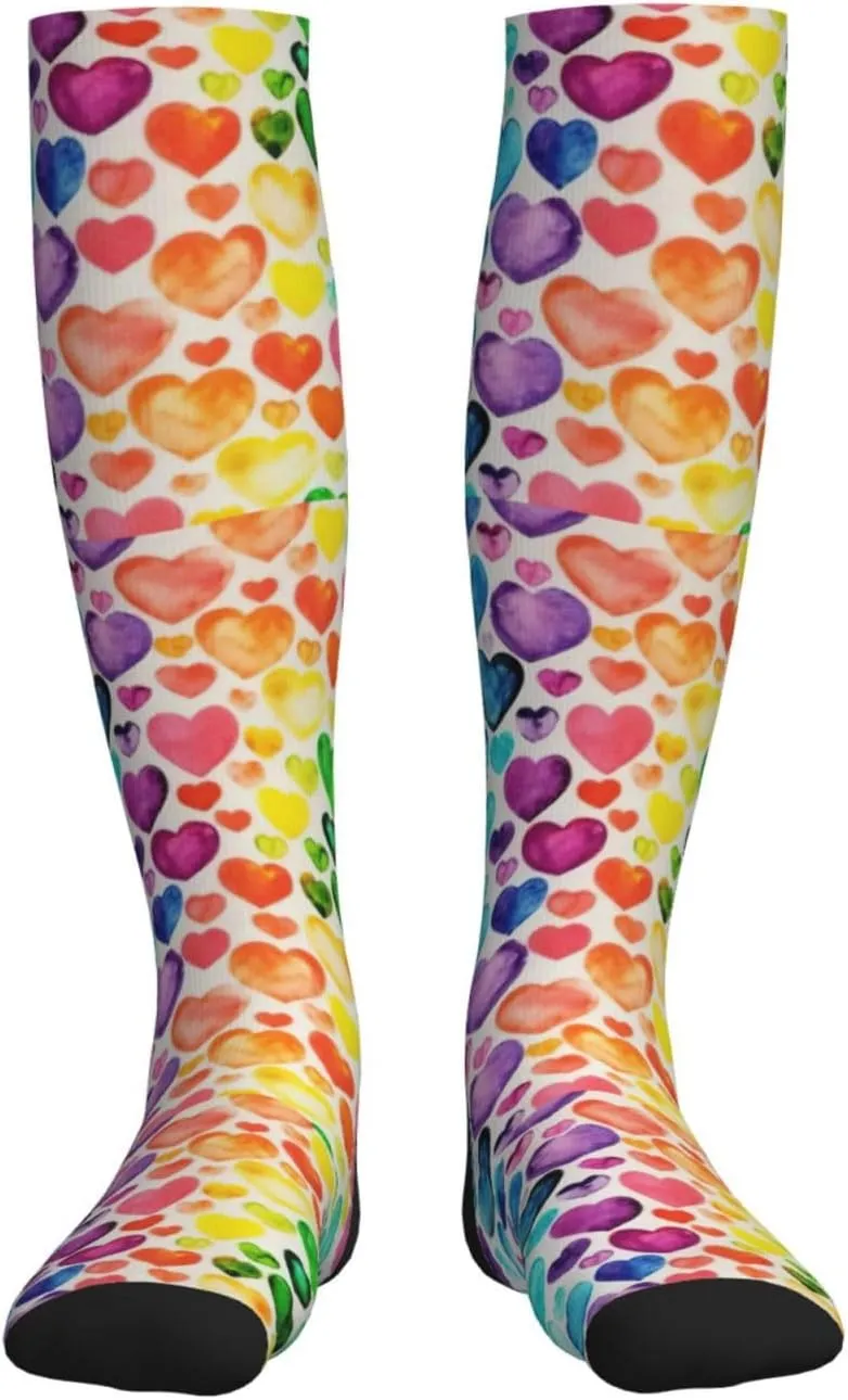 Rainbow Hearts Print Circulation Compression Socks For Plantar Fasciitis Edema And Post Surgery