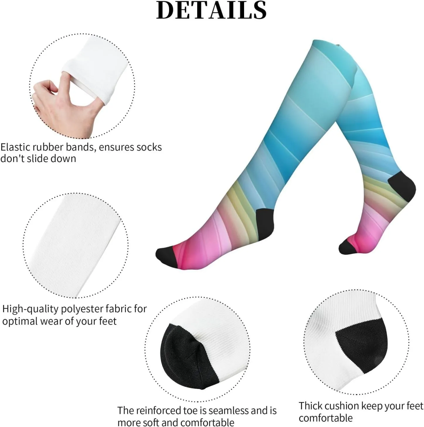 Rainbow Pattern Print Circulation Compression Socks For Plantar Fasciitis Edema And Post Surgery