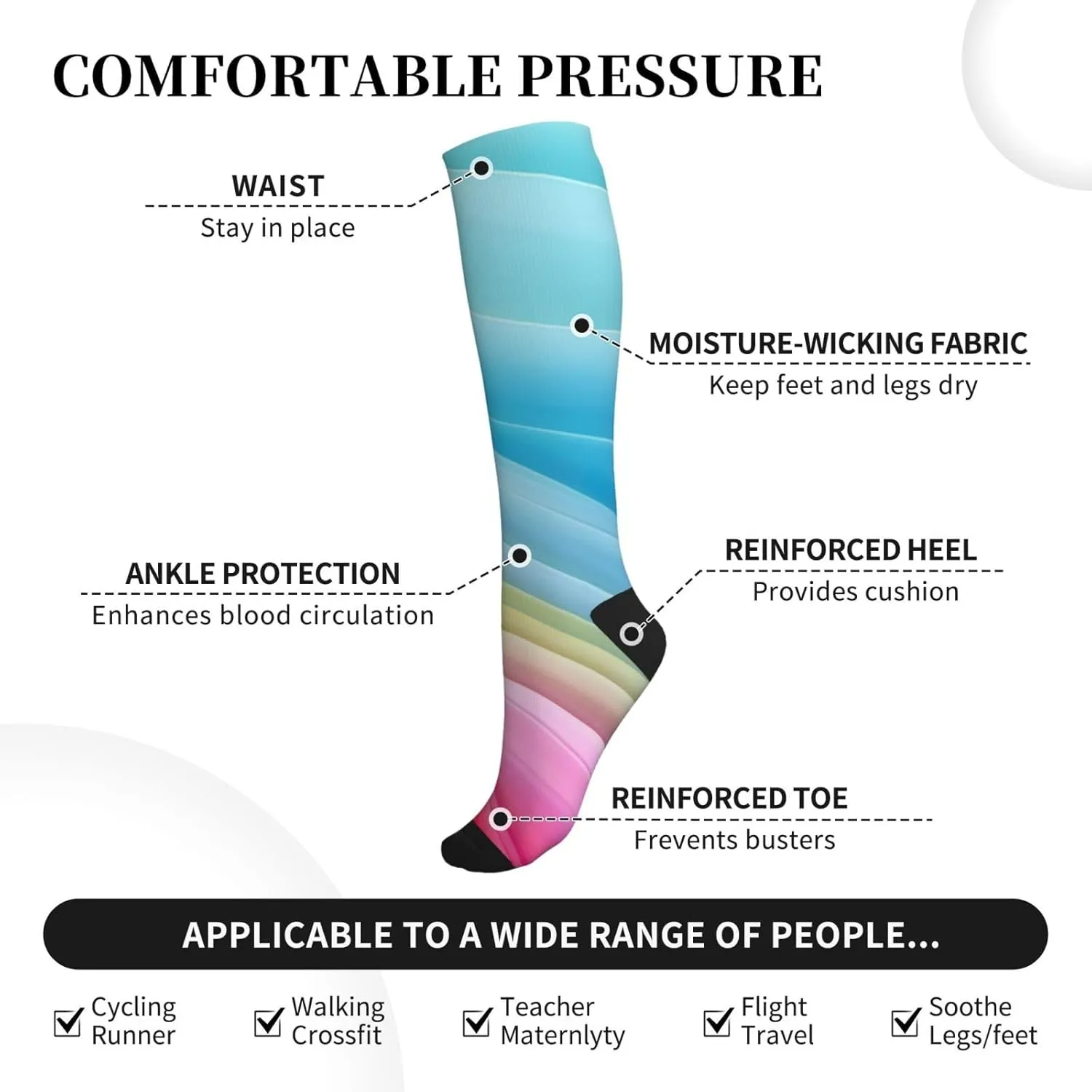 Rainbow Pattern Print Circulation Compression Socks For Plantar Fasciitis Edema And Post Surgery
