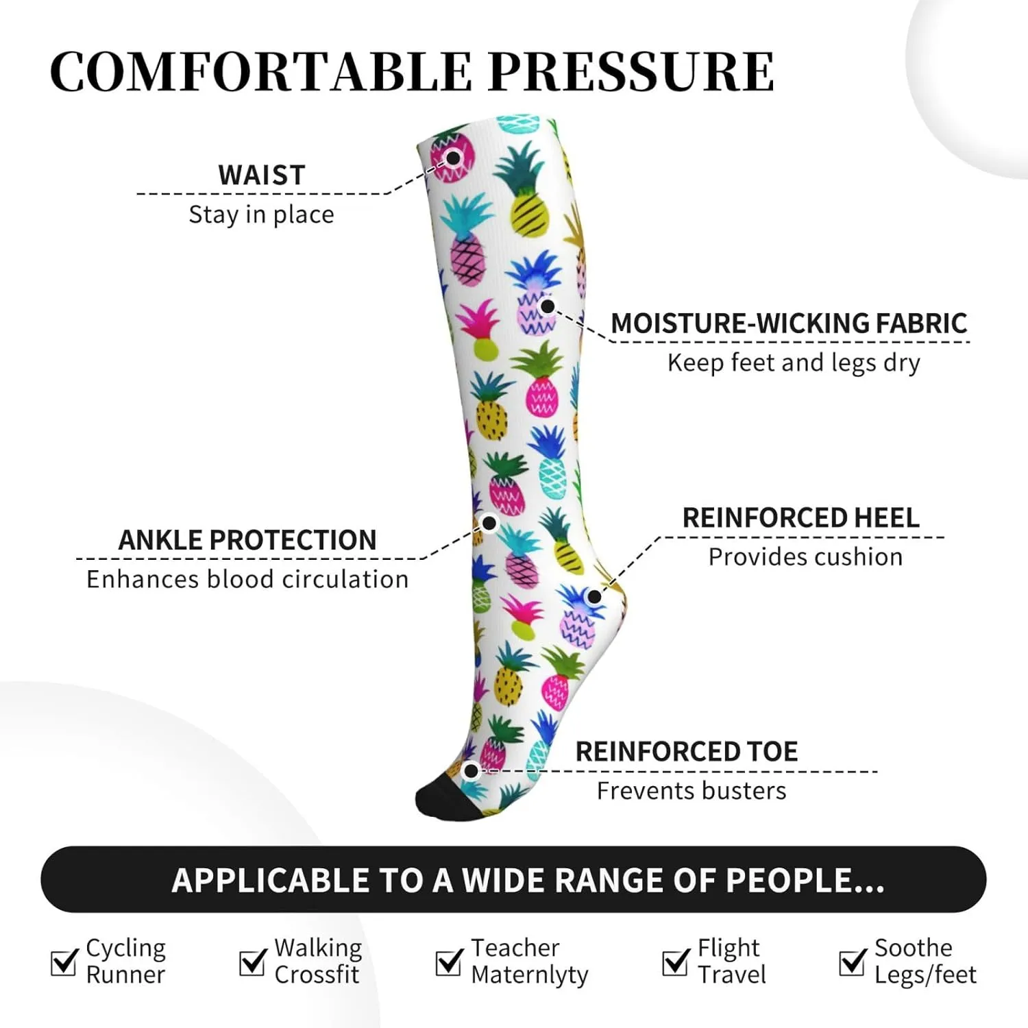 Rainbow Pineapple Print Circulation Compression Socks For Plantar Fasciitis Edema And Post Surgery