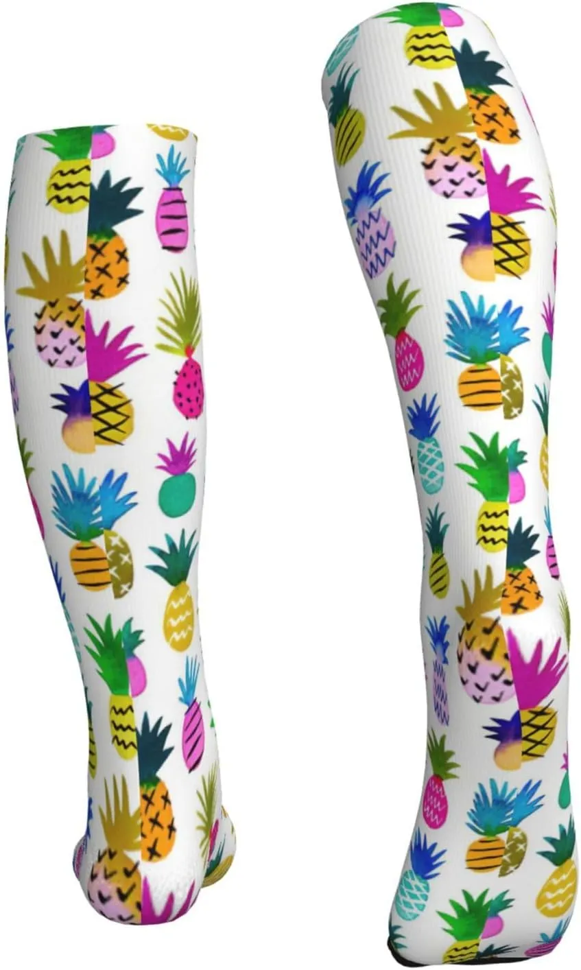 Rainbow Pineapple Print Circulation Compression Socks For Plantar Fasciitis Edema And Post Surgery